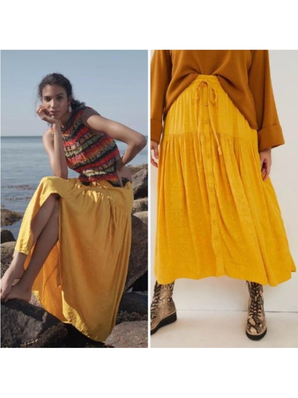 Maeve Mustard Tiered Maxi Skirt with Drawstring Waist